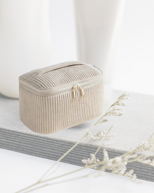 TROUSSE DE VOYAGE BEIGE KAKI EN VELOUR CÔTELÉ